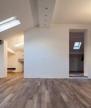 a recently finished home addition with skylights, walk-in closet, and vinyl floors with angled ceiling