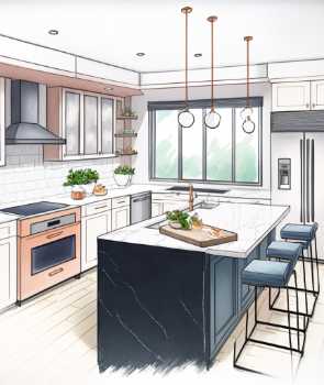 An illustration representing home remodeling services with a kitchen and island layout